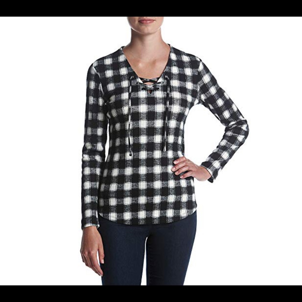 3/$10 SALE! Plaid Shirt Black and White Lace Up